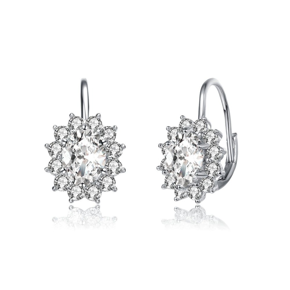 Rachel Glauber Oval Halo Leverback Earrings Women Cubic Zirconia Silver Tone NEW